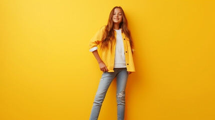 Full length of her she attractive pretty lovely cute cheerful cheery teenager child girl isolated over vivid yellow background. Happy teenager, positive and smiling emotions of teen girl - obrazy, fototapety, plakaty
