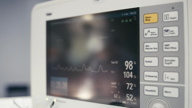 Heart rate monitor in surgery or hospital. Medical vital signs monitor instrument in hospital on anesthesia surgery monitor. ECG.