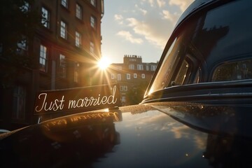 A classic black car displays a Just married sign in the rear window, basking in the golden sunset light with urban buildings in the background