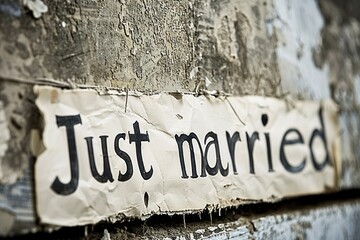 This image shows a worn-out just married sign with a grungy look, invoking a sense of enduring love