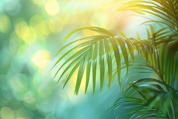 Palm leaves in soft pastels, macro, vivid contrast, on a light serene surface, morning ambiance