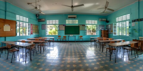 Empty high school classroom with desks chairs whiteboard and iron and wooden elements in Thailand. Concept High School Classroom, Desks, Chairs, Whiteboard, Iron Elements, Wooden Elements, Thailand