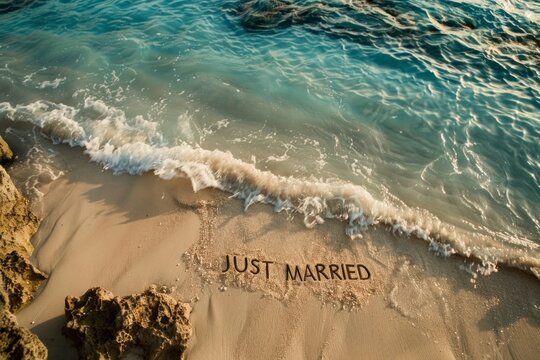 The golden sunlight enhances the 'Just Married' message etched in the sand as waves approach on a beach - Powered by Adobe