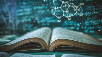 Spooky open textbooks surrounded by mathematical formulas in atmospheric background