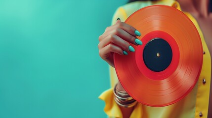 Female hand holding a vinyl record. Copy space. Minimal retro party concept. Music festival concept.