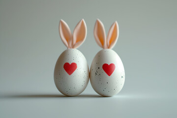 two white eggs with red hearts and rabbit ears on a white background, cute easter wallpaper, ai generated illustration, minimalistic style, copy space.