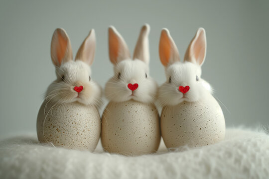 three white eggs with real rabbit heads and hearts noses on a white background, cute easter wallpaper, ai generated illustration, minimalistic style, copy space