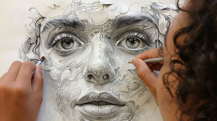 Artist hand-painting intricate details on a monochrome, ornate mask, focusing on the eye area.