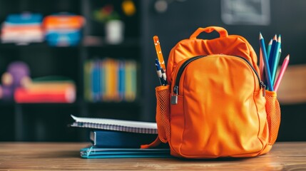 Happy child with orange schoolbag playing on colorful playground background, back to school supplies, multicolor backpack with pencils and books for studying, education concept for children - obrazy, fototapety, plakaty