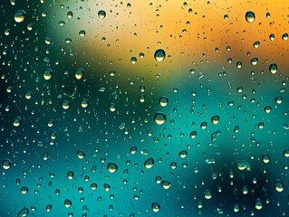 Green rain drops on an old window screen with abstract background