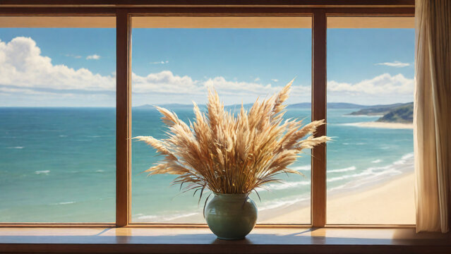 Ceramic vase with pampas grass on the windowsill overlooking the sea.
