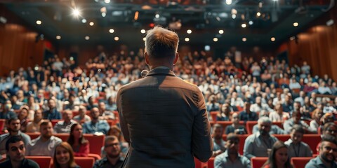 Motivational speaker giving a talk on stage to a large audience at a conference. Concept Motivational Speaking, Public Speaking, Conference Presentation, Audience Engagement, Inspirational Talk