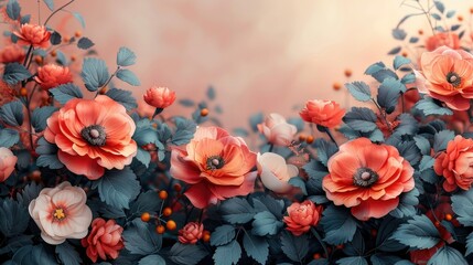 Colorful Spring Flowers Illustration on Grunge Texture Wall Background. Perfect for Mother's Day, Valentine's Day Banner Featuring Flowers with Copy Space. - obrazy, fototapety, plakaty