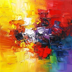 Vibrant abstract oil painting on canvas, featuring a lively blend of yellow, red, and other colors to enrich your space with texture and warmth