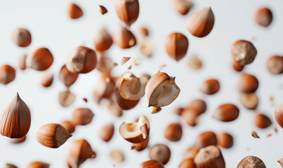 hazelnuts floating in the air on the white background.