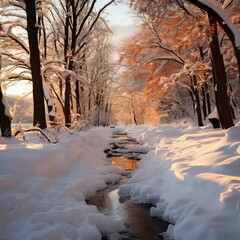 A walkway  between A Snowy Forest. Winter landscape 