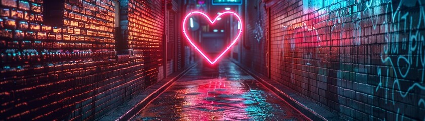 Rhythmic neon heartbeats in a dark alley, eyelevel, saturated colors - obrazy, fototapety, plakaty