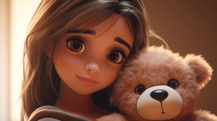 Cute girl holding a bear, children's day illustration