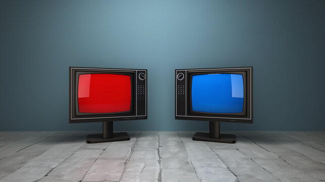 Two televisions stand next to different screens and broadcast the news differently. The concept of opinion manipulation. Information wars.