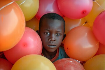 Fototapeta na wymiar Curious African boy surround balloons. Holding lifestyle fun wonder amazed. Generate Ai