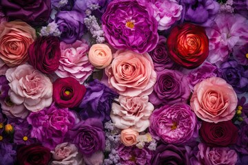 Colorful flower backdrop with purple and violet roses