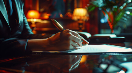 Close-up of a person's hand writing on a notepad in a moody, low-lit office setting.