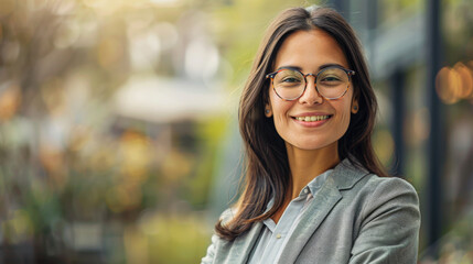 Confident young businesswoman with glasses smiling outdoors, soft bokeh background.