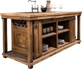 Rustic wooden kitchen island with storage and farmhouse sink, cut out transparent
