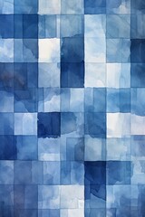 indigo and blue squares on the background, in the style of soft, blended brushstrokes