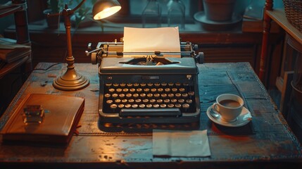 A vintage typewriter on an old wooden desk, with a blank sheet of paper and a cup of coffee beside it. The scene is lit by a soft, warm light, suggesting creativity and inspiration.