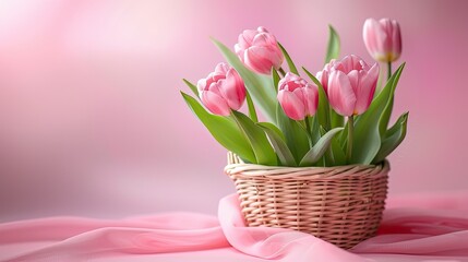 Fototapeta premium Bouquet of Pink Tulip Flowers in a Woven Wicker Basket on a Table with a Blurred Bokeh Background with Copy Space