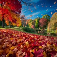 Beautiful autumn landscape with. Colorful foliage in the park. Falling leaves natural background ai generated