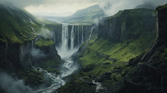 A big Waterfall coming down from a Green Mountain, A picture from Birds eyes