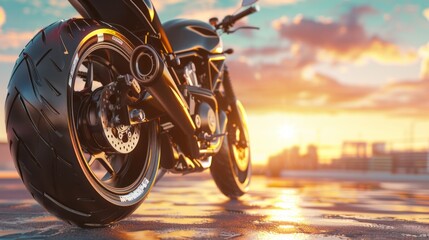 A motorcycle is parked on a wet road with a beautiful sunset in the background