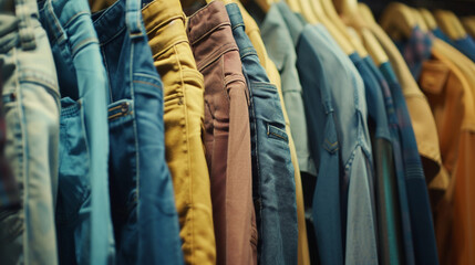close up portrait of male jeans trousers hanging on clothing rack at textile store - obrazy, fototapety, plakaty