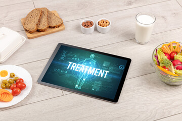 Tablet Pc with fruits, medical concept