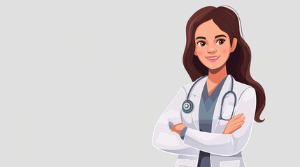 Fototapeta premium A woman in a white coat is smiling and standing with her arms crossed