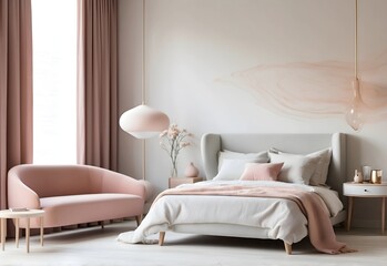 Fototapeta na wymiar Blurred image of a chic minimalist bedroom, generative AI