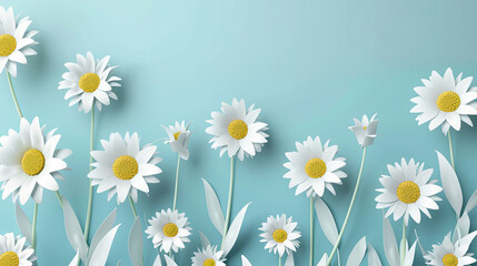 3D Paper Craft Chamomile Flowers on Blue Background Wallpaper. Copy Space for Happy Mother's Day, Women's Day, Wedding, Anniversary, Banner, or Poster