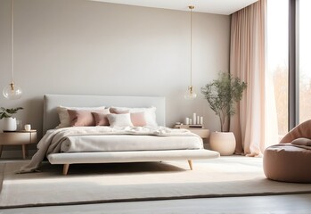 Blurred image of a chic minimalist bedroom, generative AI