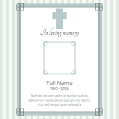 funeral card template with cross and photo frame