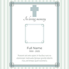 funeral card template with cross and photo frame