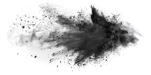 Black charcoal dust, gunpowder, with effect fragments explosion isolated on transparent png.
