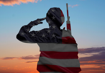 Veterans Day. Military man on sunset outdoors and flag of USA, double exposure