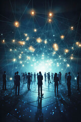 A group of people in suits inside a room with a blue background. Futuristic illustration with a network of connected lines. Concept of unity and connection between people through the network. 