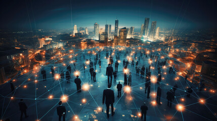 Group illustration of people find themselves in an illuminated city with a network of lines connecting them. Concept of unity and connection between people, since everyone is part of the same network. - obrazy, fototapety, plakaty