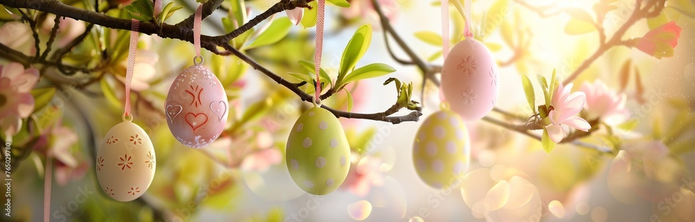 Canvas Prints easter eggs hanging on trees in the spring