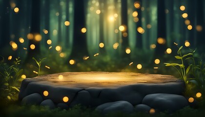 a stone display dais in the woods lit by fireflies - obrazy, fototapety, plakaty
