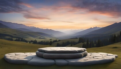 stone dais in front of a mountain valley vista at sunset - obrazy, fototapety, plakaty