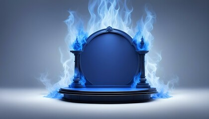 display dais with backer surrounded by blue flames - obrazy, fototapety, plakaty